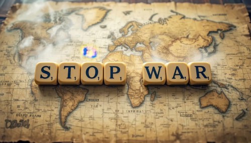 The image features the words 'STOP WAR' spelled out on letter tiles, placed over a vintage world