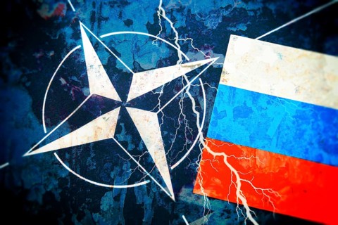 The flags of NATO and Russia with lightning, conflict between Russia and NATO, photomontage
