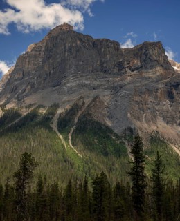 Steep rocky mountain peak of the Canadian Rocky Mountains with a forest at the base under a clear