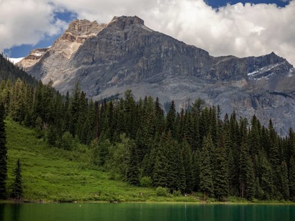 Imposing rocky mountain of the Canadian Rocky Mountains and dense forest with a bright sky and
