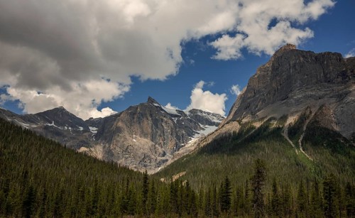 Dramatic mountain range of the Canadian Rocky Mountians under a cloudy sky with dense green forest