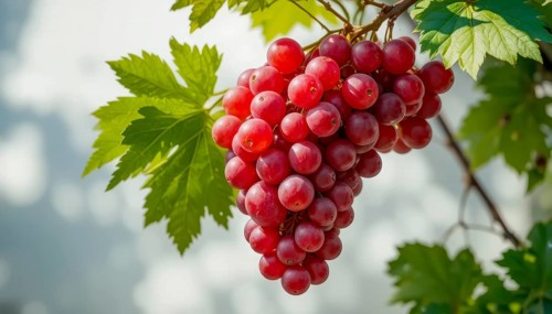 A cluster of juicy red grapes hangs from a vine, surrounded by lush green leaves, captured in