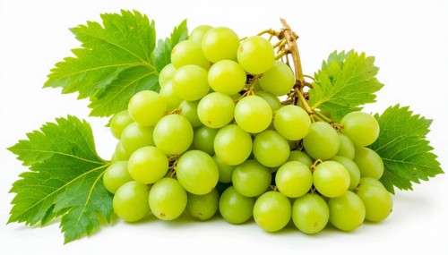 This image showcases a cluster of ripe, green grapes, complete with vibrant green leaves, set