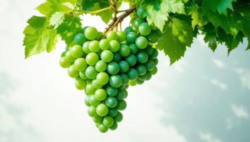 The image showcases a close-up of a bunch of fresh, green grapes, with leaves, against a bright sky