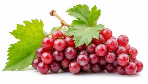 A close-up shot showcases a bunch of fresh, juicy red grapes, accompanied by vibrant green leaves,