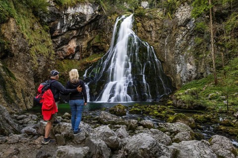 Landscape, Gollinger waterfall, autumn colours, hiker