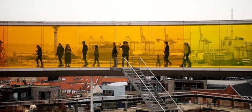 The ARoS Aarhus Art Museum with its distinctive Rainbow Panorama permanent art installation, in