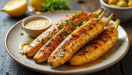 Delicious grilled plantains are served on a plate with a side of sauce, garnished with herbs, and