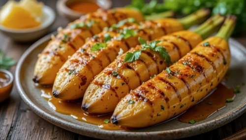 Close-up shot of delicious grilled plantains served on a plate, garnished with fresh herbs and