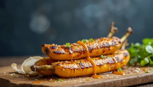 Delicious grilled plantains drizzled with a flavorful sauce, garnished with herbs, and served on a