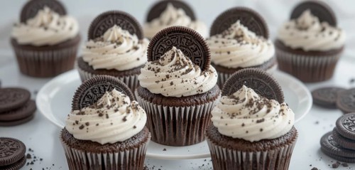 A close-up shot of several chocolate cupcakes topped with creamy frosting and Oreo cookies, perfect