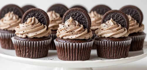 A close-up shot of several chocolate cupcakes topped with creamy frosting and an Oreo cookie,
