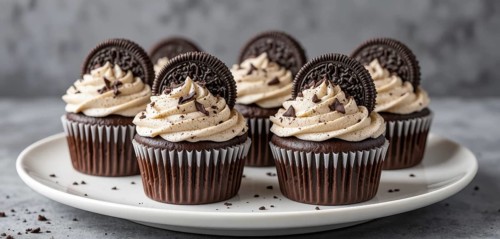 A close-up shot of several chocolate cupcakes topped with cream cheese frosting and Oreo cookies,