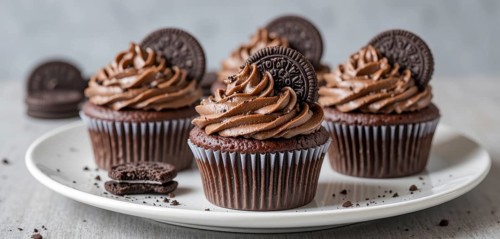 A close-up shot of several chocolate cupcakes with rich chocolate frosting and cookie decorations,