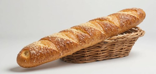 A golden-brown baguette, sprinkled with crumbs, rests in a woven wicker basket against a white