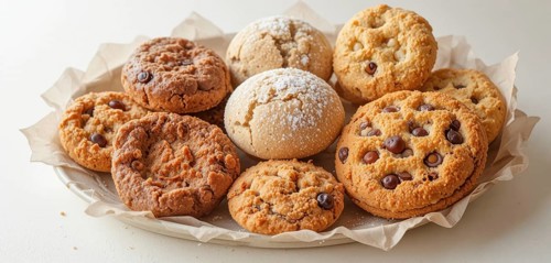 A variety of cookies, including chocolate chip and powdered sugar, are arranged on a plate with