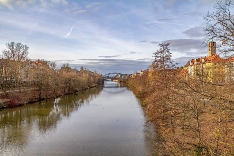 Idyllic riverside scenery in Bamberg, a town in Upper Franconia, Germany