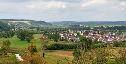 High angle scenery showing Offenau, seen from Bad Wimpfen, a historic spa town in the district of
