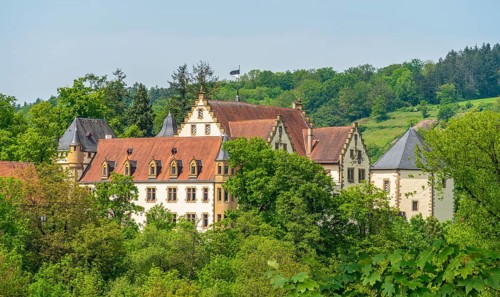Sunny scenery showing the castle of Jagsthausen located in Southern Germany