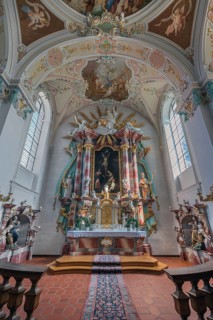 Church of St Gallus and Ulrich, main altar and ceiling frescoes, Kisslegg, Allgäu,