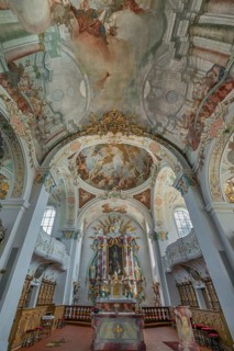 Church of St Gallus and Ulrich, main altar and ceiling frescoes, Kisslegg, Allgäu,