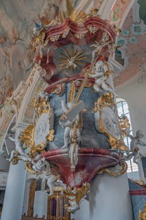 Church of St Gallus and Ulrich, the pulpit with frescoes, Kisslegg, Allgäu, Baden-Württemberg,
