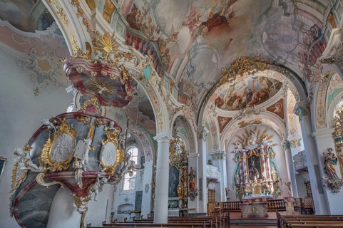 Church of St Gallus and Ulrich, pulpit, high altar and ceiling frescoes, Kisslegg, Allgäu,