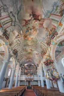 Church of St Gallus and Ulrich, nave with organ loft and ceiling frescoes, Kisslegg, Allgäu,