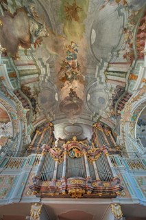 Church of St Gallus and Ulrich, the organ loft with ceiling frescoes, Kisslegg, Allgäu,