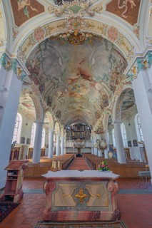 Church of St Gallus and Ulrich, nave with organ loft and ceiling frescoes, Kisslegg, Allgäu,