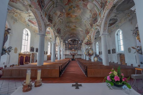 Church of St Gallus and Ulrich, nave with organ loft, Kisslegg, Allgäu, Baden-Württemberg, Germany
