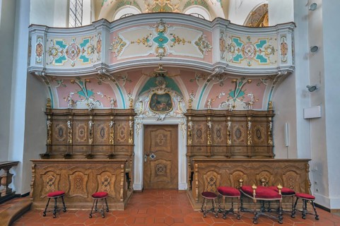 Church of St Gallus and Ulrich, side gallery and choir stalls, Kisslegg, Allgäu, Baden-Württemberg,