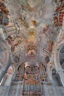 Church of St Gallus and Ulrich, the organ loft with ceiling frescoes, Kisslegg, Allgäu,