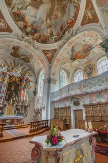 Church of St Gallus and Ulrich, side gallery, main altar, choir stalls and ceiling frescoes,