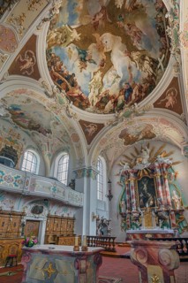 Church of St Gallus and Ulrich, side gallery, main altar, choir stalls and ceiling frescoes,