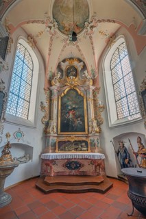 Church of St Gallus and Ulrich, side altar with the relic of St Severinus, Kisslegg, Allgäu,