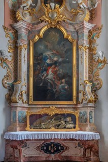 Church of St Gallus and Ulrich, side altar with the relic of St Severinus, Kisslegg, Allgäu,