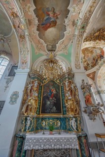 Church of St Gallus and Ulrich, side altar with ceiling frescoes and figures of saints, Kisslegg,