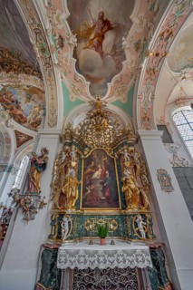 Church of St Gallus and Ulrich, side altar with ceiling frescoes and figures of saints, Kisslegg,