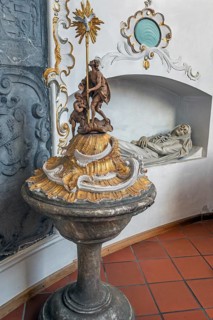 Church of St Gallus and Ulrich, baptismal font and niche with female figure, Kisslegg, Allgäu,