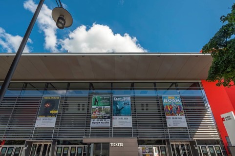 Blue sky. white clouds over the big-BOX event hall, Kempten, Allgäu, Swabia, Germany