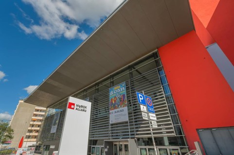 Blue sky. white clouds over the big-BOX event hall, Kempten, Allgäu, Swabia, Germany