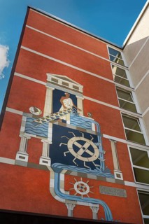 Blue sky, wall fresco with Archimedes the developer of the Archimedean screw and others, Kempten,