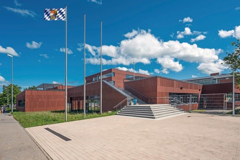 Blue sky. white clouds, State Vocational School, Kempten, Allgäu, Swabia, Germany