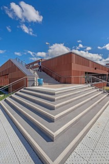 Blue sky. white clouds, stairs to the state vocational school, Kempten, Allgäu, Swabia, Germany