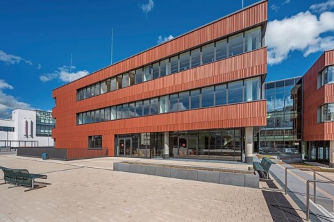 Blue sky. white clouds, State Vocational School, Kempten, Allgäu, Swabia, Germany