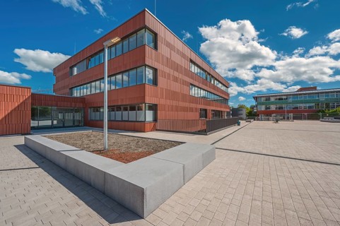 Blue sky. white clouds, State Vocational School, Kempten, Allgäu, Swabia, Germany