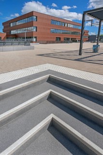 Blue sky. white clouds, stairs to the state vocational school, Kempten, Allgäu, Swabia, Germany