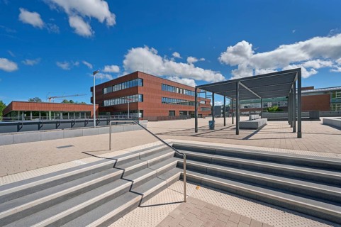 Blue sky. white clouds, State Vocational School, Kempten, Allgäu, Swabia, Germany