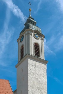 Church tower with clock and sound windows, Church of St Gallus and Ulrich, Kisslegg, Allgäu,